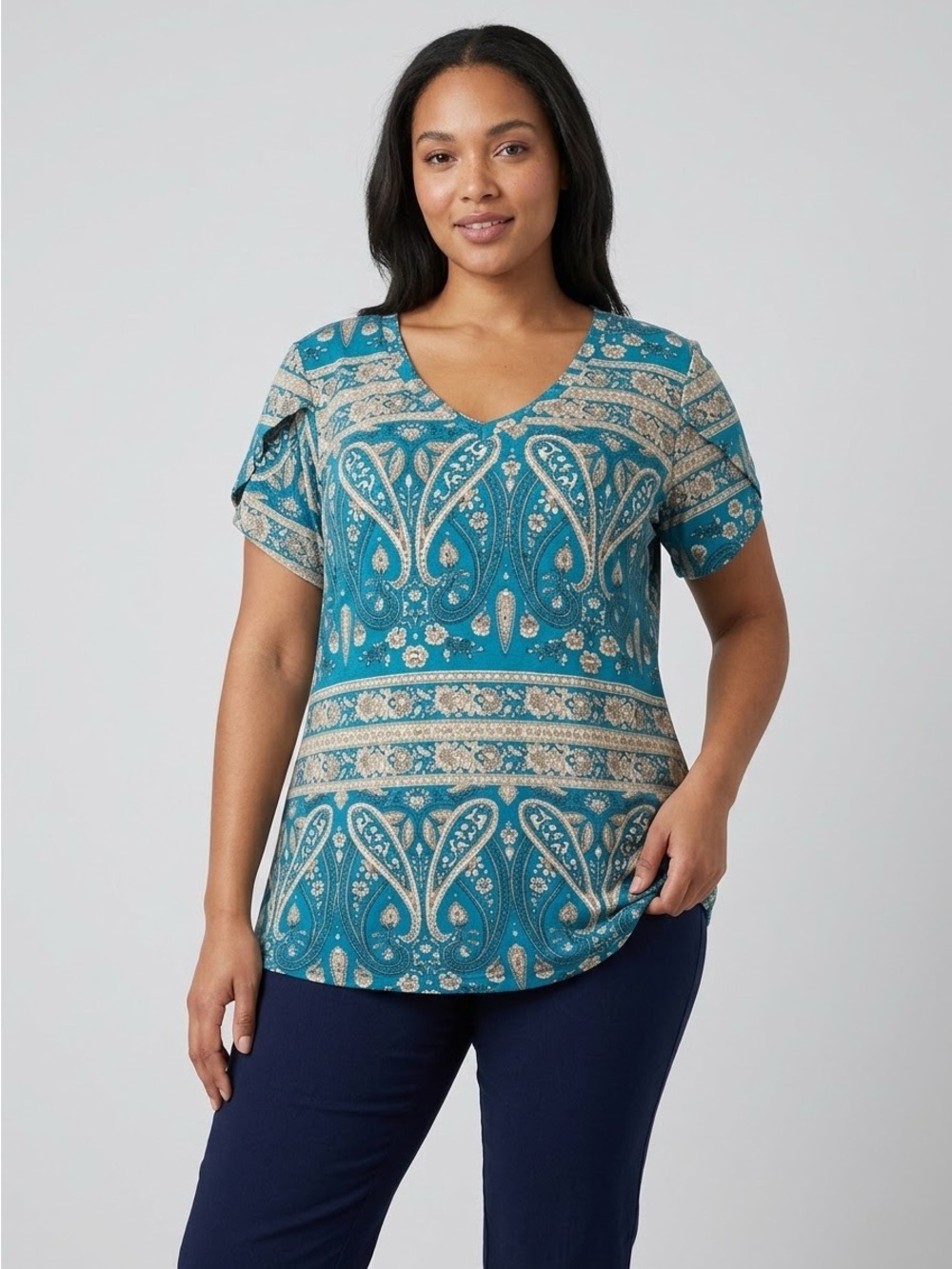 Teal and Beige Paisley Women's Top Cathy size XL